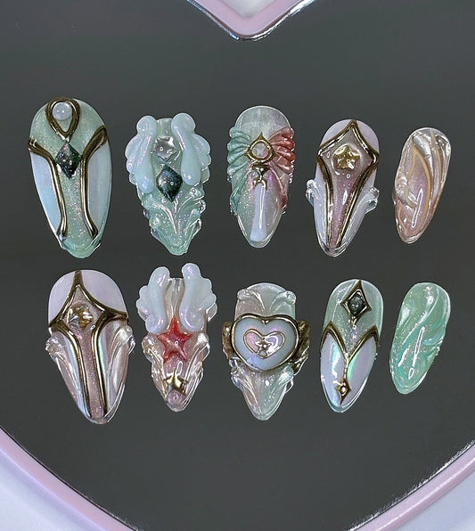 Green + Orange Dreamwings Set - Valorant Inspired Press-On Nails